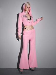 ROMWE Avant 2 件 Y2K 街头服饰刺绣蝴蝶结露背连帽衫套装（女款）