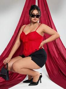 SHEIN ICON Plus Size Red Ruched Bust Front Tie Bow Camisole, Ideal For Valentine's Day Outfit