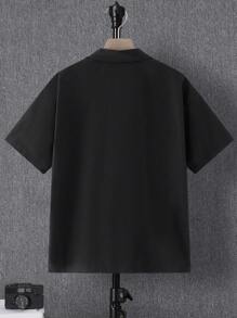 SHEIN Leap Crew 1 件青少年男孩春夏编织休闲短袖字母印花衬衫；春季服装；青少年男孩服装；青少年男孩夹克，春季开学 - 黑色 - 查看 2