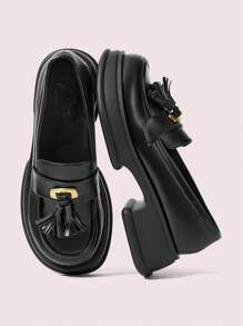 CUCCOO DOLLMOD Women's Daily Casual Thick-Soled Slip-On Loafers With Tassel Design - Black - View 7