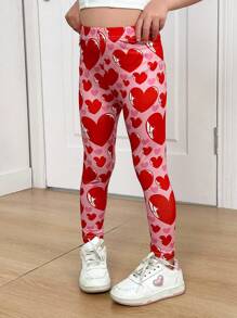 SHEIN Girls' Sweet Heart Print Leggings, Suitable For Valentine's Day Party, Everyday Wear, Home - Pink - View 3