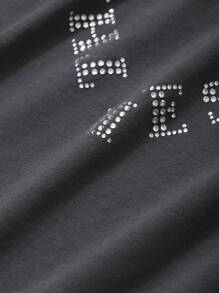 FRIFUL Women's Loose Gray T-Shirt With Rhinestone Heart Print, Spring,Graphic Tees Long Sleeve Women Tops