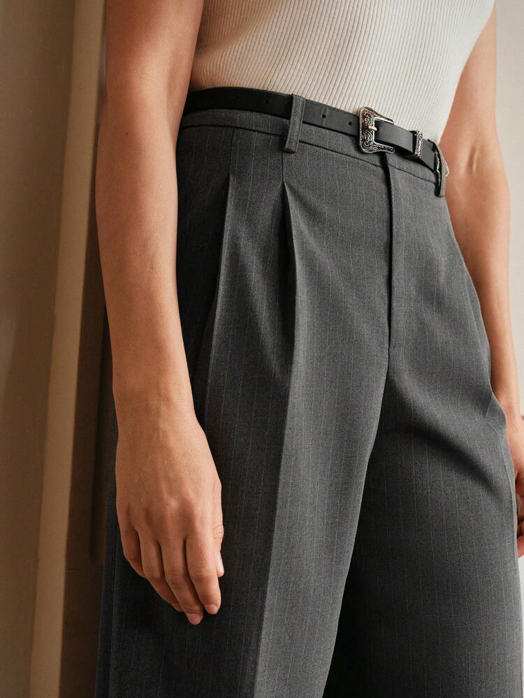 Anewsta Elaire Belted Commuter Standard Striped Pleated High Waist Straight Suit Pants Old Money