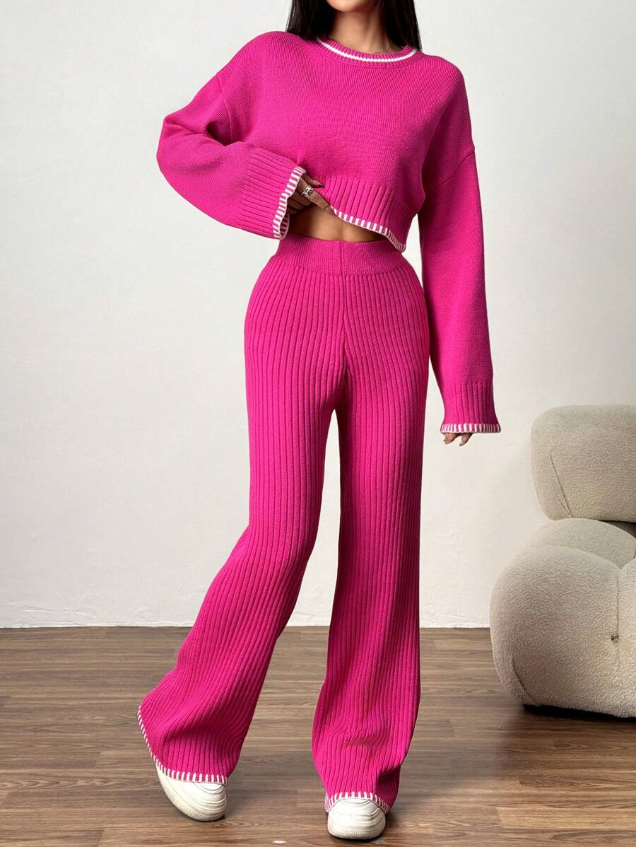 Muchica 2pcs/Set Women Contrast Trim Sweater And Extra Long Pants Set - Hot Pink - View 1