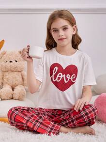 SHEIN Tween Girl Simple Heart Graphic Round Neck Short Sleeve T-Shirt And Plaid Print Lounge Pants 2 Pieces Comfortable Sleepwear Set - Pink - View 5