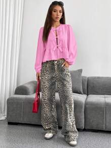 SHEIN EZwear 女士粉色编织灯笼袖蝴蝶结前襟衬衫