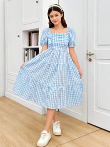 SHEIN 少女蓝色格子泡泡袖中长款可爱甜美连衣裙、学院风连衣裙、度假风连衣裙 - 藍白色 - 查看 4