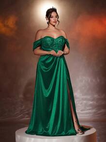 Glamrae Vestido de noche formal de estilo poppy, de gasa transparente, con encaje, parches, hombros descubiertos, elástico, abertura alta y torsión, ideal para invitados de boda o fiesta, talla grande - Verde Oscuro - Ver 7
