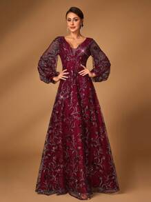 Serin Váy chữ A tay loe thêu lưới mỏng màu xanh navy lấp lánh sang trọng và thanh lịch, phù hợp làm váy dạ hội cho mẹ cô dâu, tiệc cưới, dịp trang trọng - Màu Đỏ Sâu - Xem 7