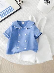 SHEIN Leap Crew Bộ 2 món/Bộ áo sơ mi tay ngắn cổ thủy thủ phối màu cho bé trai và quần short yếm - Xanh và trắng - Xem 5
