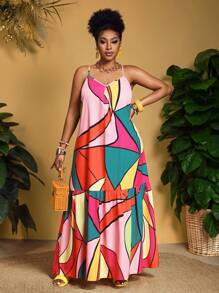 Slaydiva Plus Size Women Sleeveless Loose Dress With Bright Geometric Abstract Print,Beach Dress Sundress,Holiday Outfits Boho - Multicolor - View 7