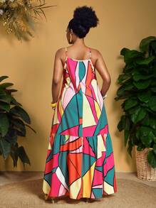 Slaydiva Plus Size Women Sleeveless Loose Dress With Bright Geometric Abstract Print,Beach Dress Sundress,Holiday Outfits Boho - Multicolor - View 8