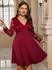 SHEIN Clasi Plus Size Elegant Party Solid Color Lace Patchwork Dress - Red - View 1