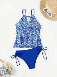 Swim Lushoire 夏季 1 件女式蓝色花卉印花可调节肩带抽绳腰部成熟两件套比基尼 - 藍色 - 查看 8