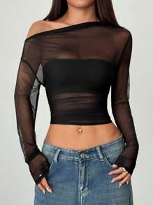 EgrlEra 女式黑色网眼透明褶皱修身长袖短款上衣，时尚简约休闲优雅性感设计，适合度假、街头装、日常穿着、春夏 - 黑色 - 查看 5