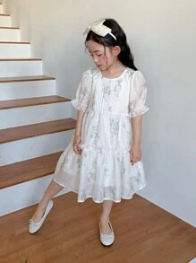 DAZY Young Girl Girls Ditsy Floral Princess Style Short Sleeve Casual Dress For Summer - Beige - View 6