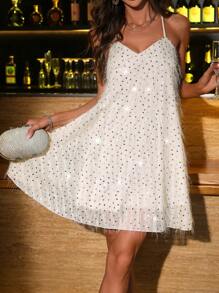 Zolique 女士优雅亮片吊带迷你吊带连衣裙，适合春夏季 - 杏色 - 查看 6