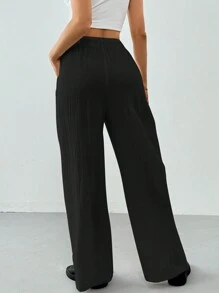 SHEIN Tall Cotton Loose Texture Wrinkle Fabric Drawstring Waist Long Pants - Black - View 5