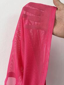 SHEIN EZwear Fuchsia Pink Mesh Relaxed Fit Round Neck Short Sleeve Casual Top For Women - Hot Pink - View 7