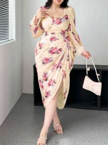 Vibekara Plus Size Women Pleated Heart-Shaped Collar Long Sleeve Floral Print Split Hem Romantic Elegant Vintage Dress, Pink Maxi Women Outfit