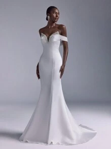SHEIN Belle Vestido Longo Elegante e Luxuoso de Cetim Creme Franzido com Cauda de Sereia, Adequado para Casamentos, Festas, Feriados, Galas e Eventos Formais - Bege - Visão 7