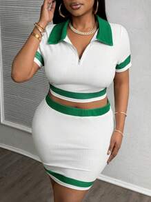 Slaydiva 大码女式新款休闲街头时尚运动两件套、半拉链短款运动上衣和紧身迷你裙 - 彩色 - 查看 7