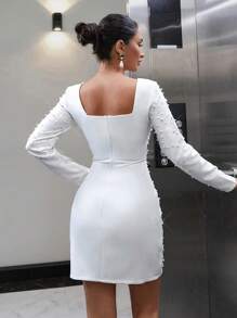 EURMUSE Women Pearl Detailed Long Sleeve Short Mini Dress - White - View 2