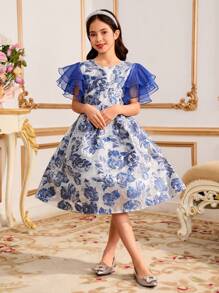 Vestido elegante de fiesta con diseño de parche de jacquard y volantes en el ruedo para niñas preadolescentes - Azul - Ver 5