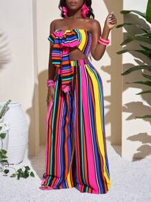 Slaydiva 2pcs/Set Women Colorful Stripe Print Vacation Outfit - Multicolor - View 6