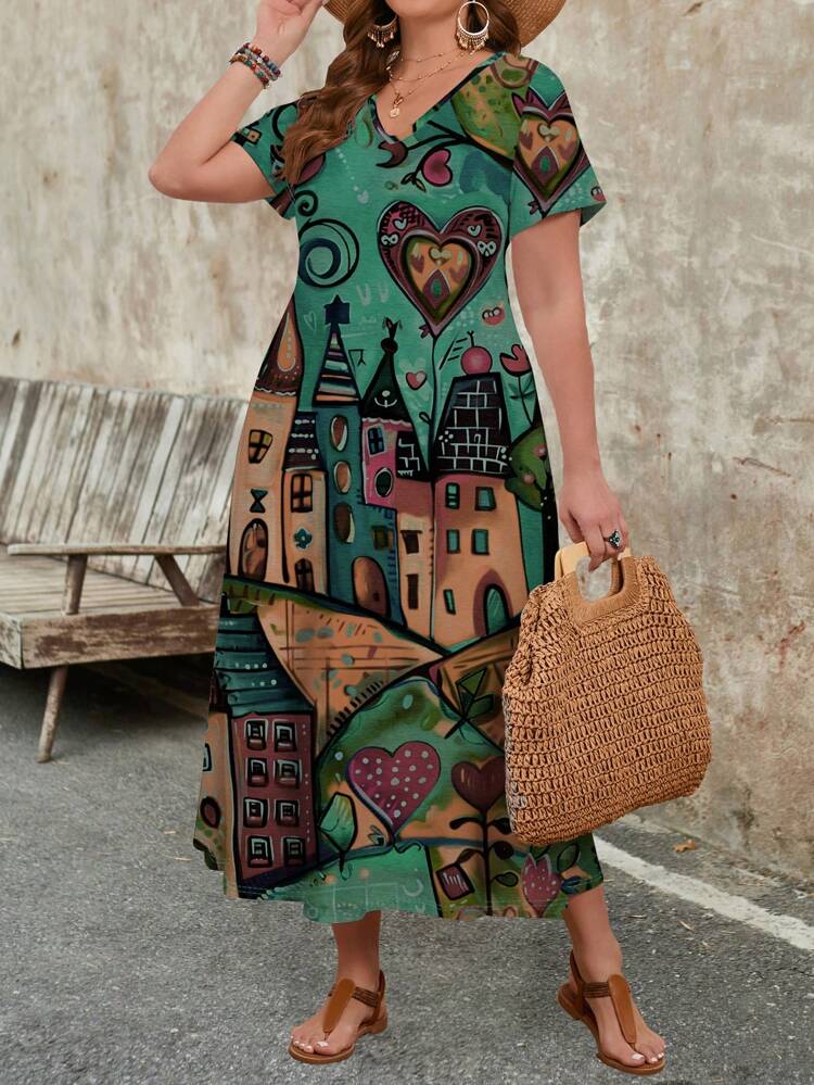 Women Plus Size Casual Simple V-Neck Short Sleeve Dress, Suitable For Summer,Beach Dress Sundress,Holiday Outfits Boho Suitable For Going Out Chic Dress,Spring/Vacation