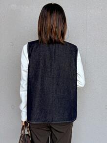 FRIFUL Chaqueta de mezclilla sin mangas de lavado oscuro para mujer, primavera/verano - Azul lavado oscuro - Ver 4