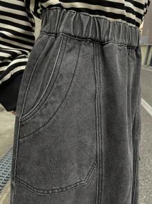 FRIFUL 女士灰色牛仔高腰鱼尾裙，春夏牛仔裙 - 黑色 - 查看 6