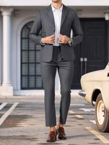 Manfinity Mode 2pcs Men's Solid Color Lapel Neck Long Sleeve Blazer And Pants Casual Suit Set - Grey - View 3