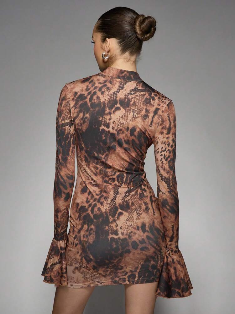 MISSGUIDED 키홀 디테일과 타이 프론트 파티 클럽 나이트 아웃 바디콘 가을 겨울 패션 스테이트먼트 이브닝 드레스가 있는 레오파드 프린트 벨 슬리브 미니 드레스