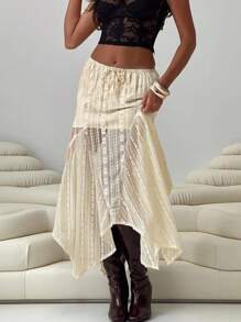 SHEIN Essnce Falda asimétrica de encaje de unicolor para mujeres, ropa de San Valentín, falda de fiesta elegante y personalizada - Albaricoque - Ver 9