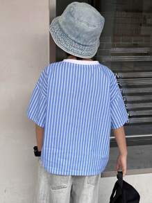 DAZY 青少年男孩字母印花条纹圆领落肩袖休闲 T 恤，返校服 - 白色 - 查看 4