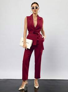 Aveloria Modichic Lapel Neck Belted Vest Blazer & Pants  - Red - View 6