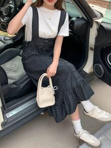DAZY Women's Casual Denim Overall Skirt, Simple And Stylish For Daily Wear,Ruffle
