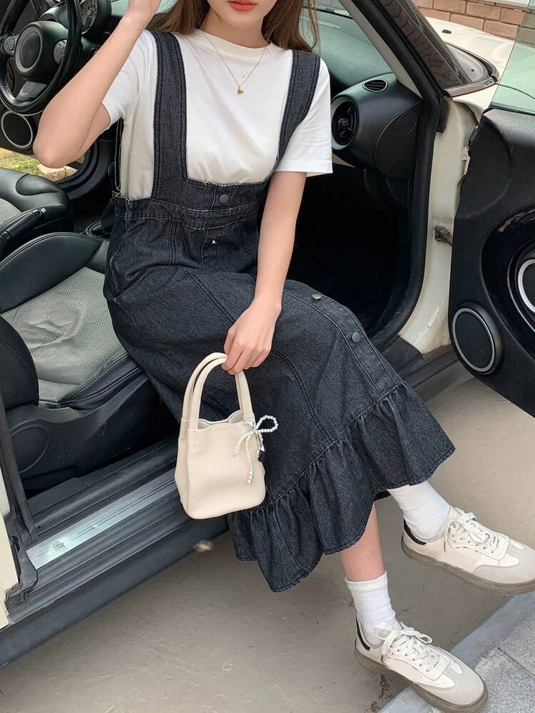 Women's Casual Denim Overall Skirt, Simple And Stylish For Daily Wear,Ruffle Jeans Skirt