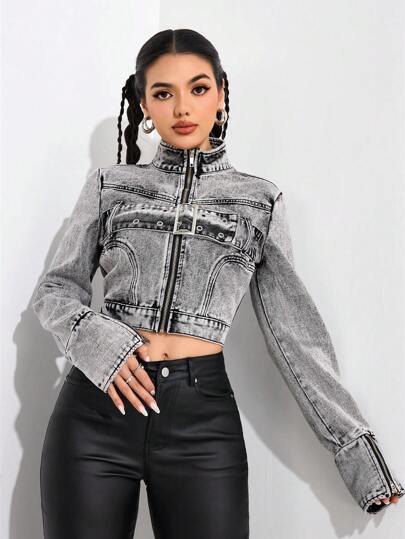 SHEIN EZwear 女士休闲水洗立领短款牛仔夹克