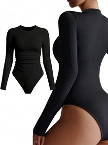 Easithlete 无缝高弹力罗纹针织圆领带褶边长袖黑色运动紧身衣