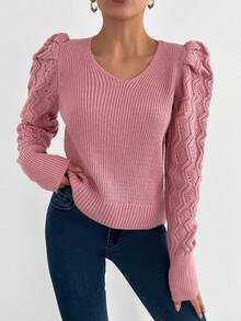 EURMUSE V-Neck Solid Color Puff Sleeve Knit Sweater - Pink - View 3