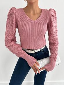 EURMUSE V-Neck Solid Color Puff Sleeve Knit Sweater - Pink - View 5
