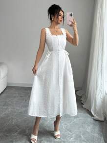 Rafferiza Đầm mùa hè không tay cổ vuông thêu màu trơn cho nữ màu trắng - trắng - Xem 7