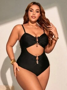 Swim Vcay Summer Plus Size Women Solid One-Piece Hollow Metal Buckle Adjustable Strap Swimsuit - Black - View 4
