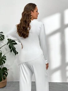 SHEIN Privé 大码优雅休闲两件套，白色不对称领褶皱修身不对称下摆长袖 T 恤和高腰直筒裤，春/秋