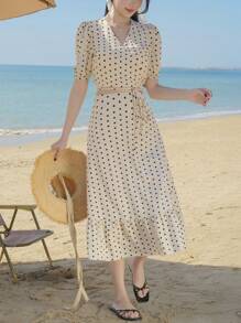 DAZY Women's 2 Pieces Set: Polka Dot V-Neck Puff Sleeve Cropped Blouse And Ruffle Hem Skirt
