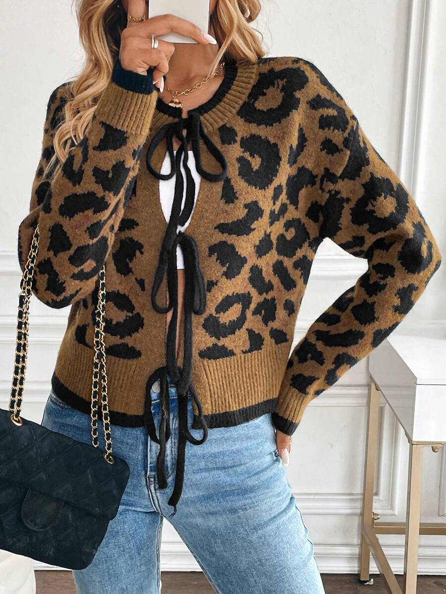 SHEIN Unity Women's Leopard Print Jacquard Tie Long Sleeve Cardigan - Brown - View 1
