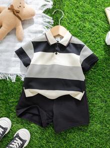 SHEIN Leap Crew 2 件套男童/女童休闲条纹 Polo 衫和黑色短裤套装，适合春夏季 - 黑與白 - 查看 4