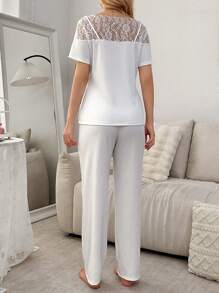 Lace Spliced Sheer Shoulder Top And Long Pants Women Sleepwear Set